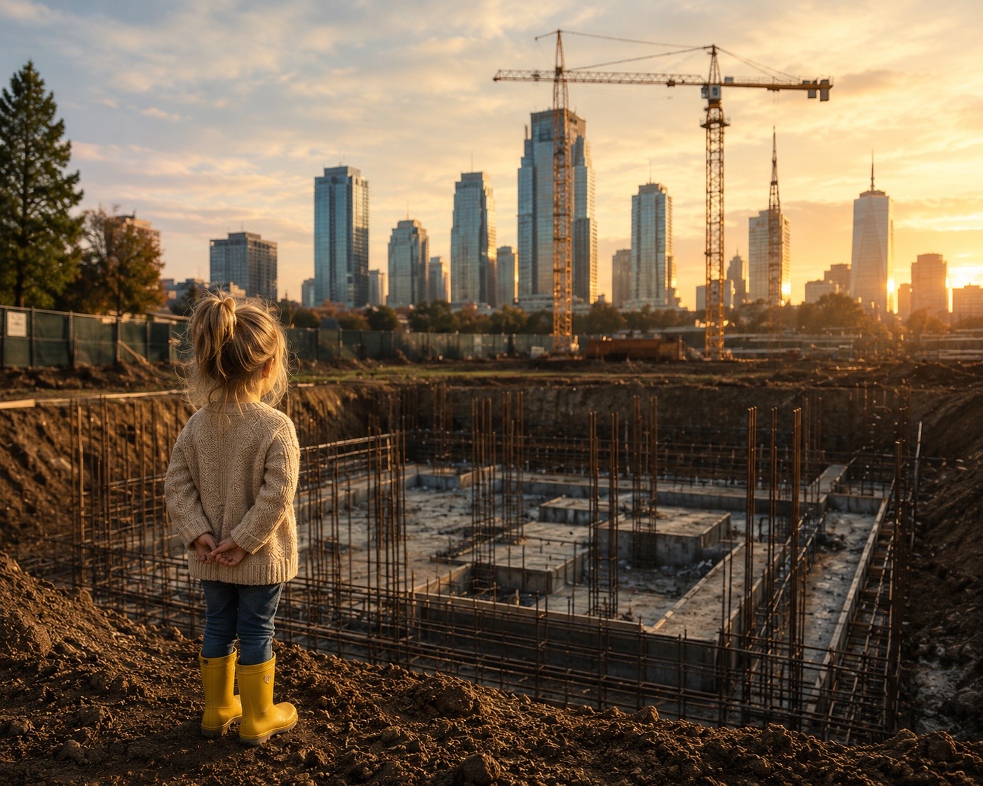A young girl looking across a construction site toward a city skyline