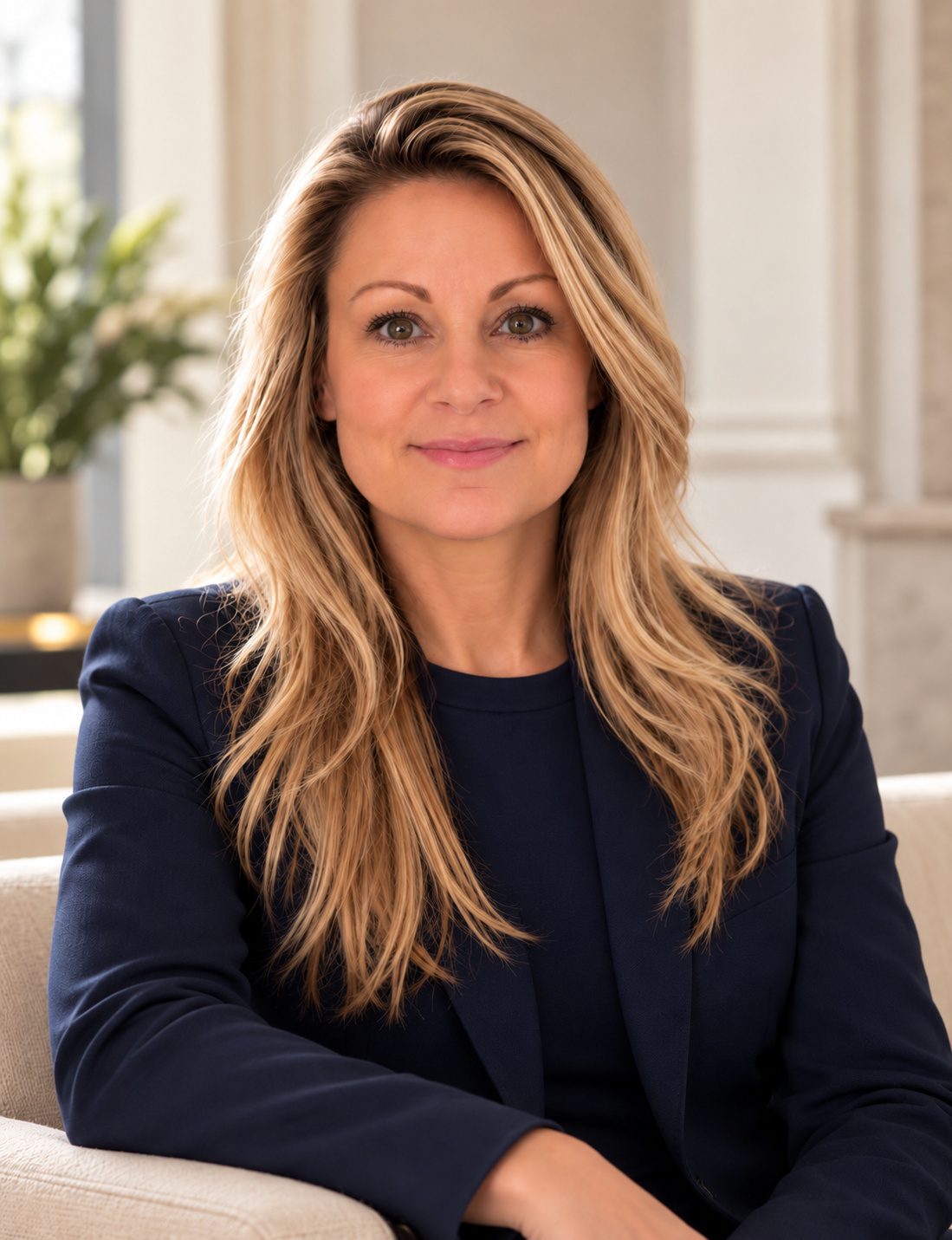 Lara Blackert seated in a navy blazer